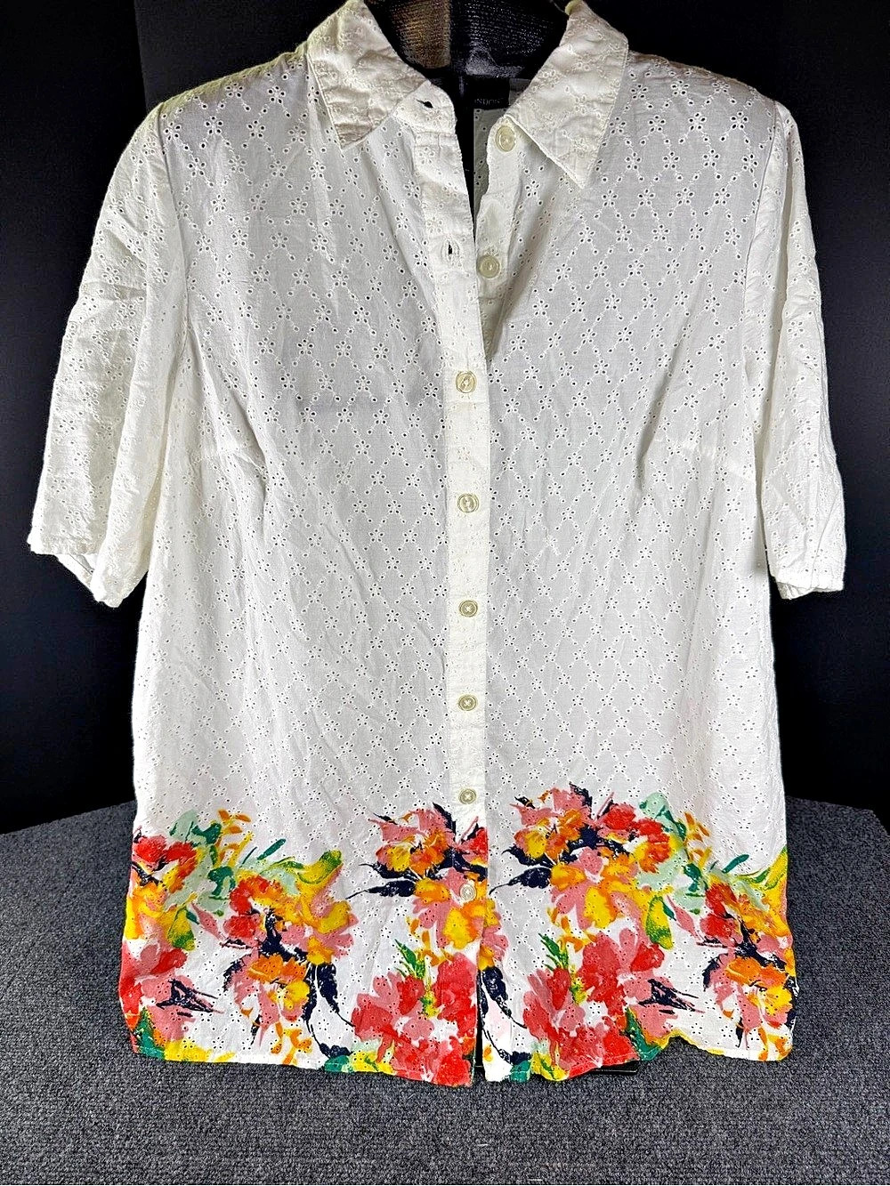 Jessica London Eyelet Floral Hem Button Down in White 18W